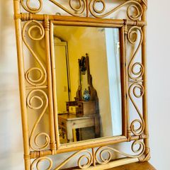 Vintage 1970s Bamboo Rattan Wall Mirror French Riviera Boho