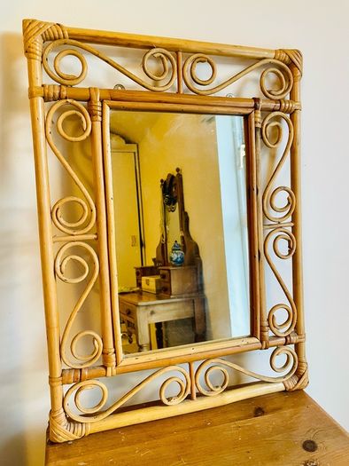 Vintage 1970s Bamboo Rattan Wall Mirror French Riviera Boho