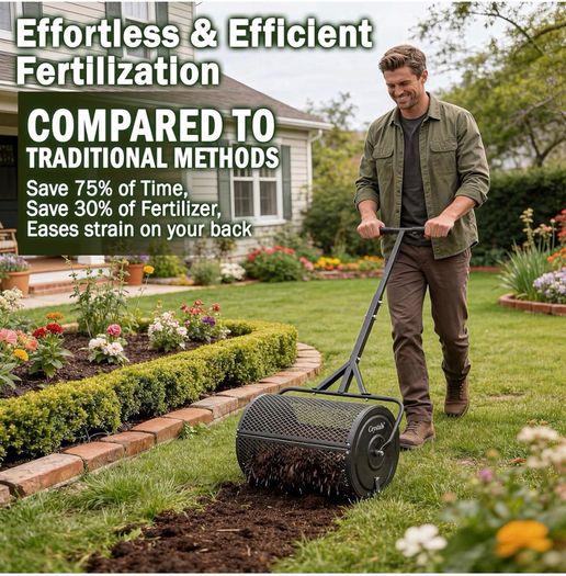 24" Compost Spreader Roller 70L Lawn Garden Spreader, Heavy Duty Steel Mesh Drum for Top Soil, Sand, Manure & Fertiliser, Compost Spreader for Lawn & Soil Spreader Tool