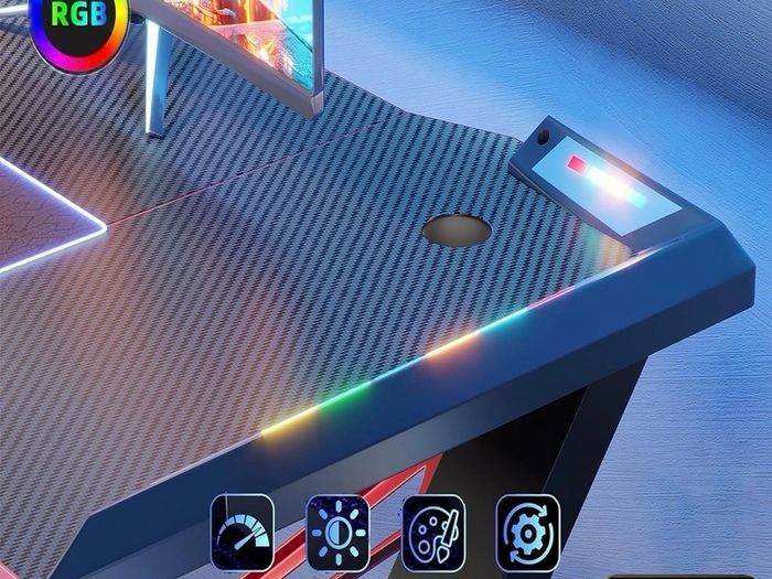 120 x 55 cm Gaming Desk with LED Lights, Gaming Table Thickened Z Shaped, Gamer Desk with Carbon Fiber Coated, Gaming PC Desk, Computer Desk Easy to Assemble, Carbon Fiber Black