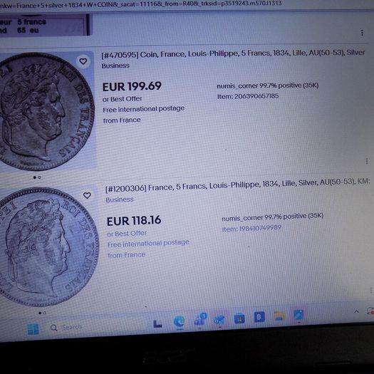 France 1834 W. ,5 francs.King Louis Philippe.90% silver.