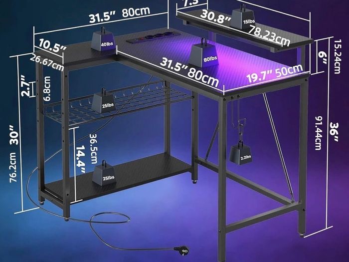 106.5CM L-Shaped Gaming Desk with RGB LED Lights Carbon Fibre Surface, 3 Power Outlets & 2 USB Ports, Reversible Corner Desk with Shelves & Hooks for Home Office & Small Spaces