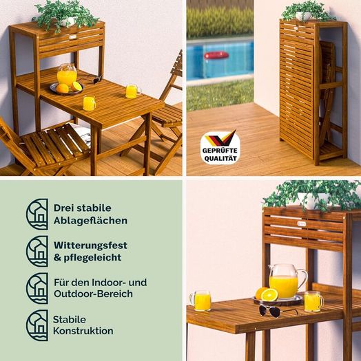 Folding Bistro Set for 2  Acacia Wood with Storage Shelves & 2 Chairs