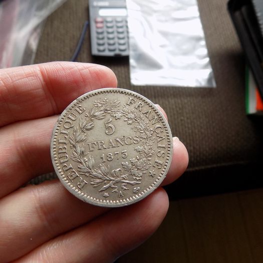 France 1873 A. Silver 5 francs."Hercules"Type.90%silver.