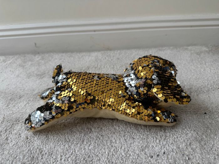 Sequin Collection Dog Plush Gold & Silver Reversible Sparkle Soft lying Used Please look at the pictures