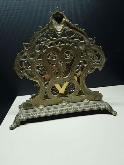 Antique Victorian Inkwell Set  Ornate Brass & Hand Painted Glass c. late 1800s