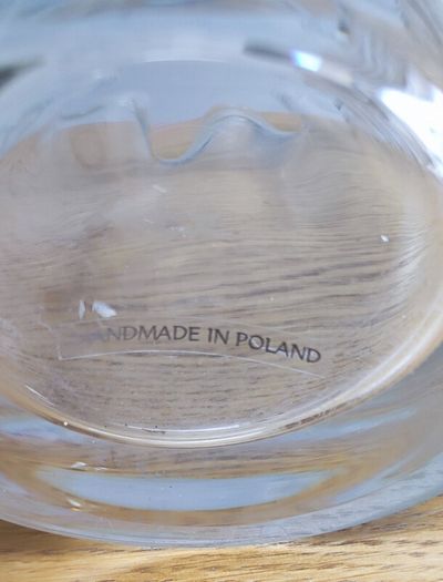 Vintage Hand Blown Clear Crystal Stretched Art Glass Vase, Made in Poland