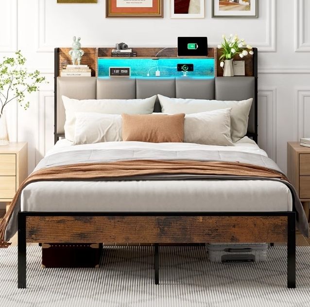 Double Bed Frame with Storage Upholstered Headboard and LED, 135x190cm  Charging Station(2AC, 2USB), Platform Metal Small Double Bed Frame with Underbed Storage, Strong Metal Slat Support