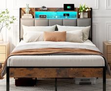 Double Bed Frame with Storage Upholstered Headboard and LED, 135x190cm  Charging Station(2AC, 2USB), Platform Metal Small Double Bed Frame with Underbed Storage, Strong Metal Slat Support