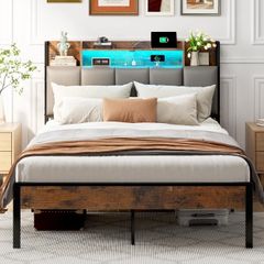 Double Bed Frame with Storage Upholstered Headboard and LED, 135x190cm  Charging Station(2AC, 2USB), Platform Metal Small Double Bed Frame with Underbed Storage, Strong Metal Slat Support