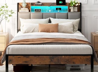 Double Bed Frame with Storage Upholstered Headboard and LED, 135x190cm  Charging Station(2AC, 2USB), Platform Metal Small Double Bed Frame with Underbed Storage, Strong Metal Slat Support