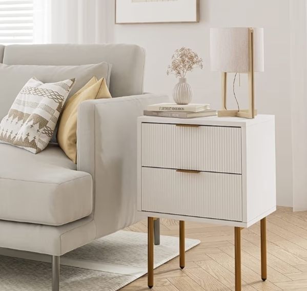 Small Bedside Tables with 2 Drawers, Wooden Nightstand with Gold Legs, Mid-Century Modern Bed Side End Table for Bedroom, Living Room, White