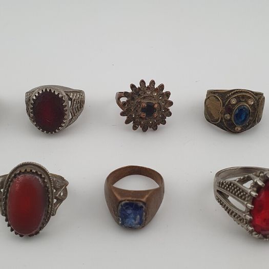 15 Antique Style Brass Rings Mixed Stone & Colourful Glass Accents