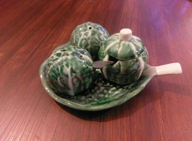 Vintage pottery salt, pepper,mustand set.