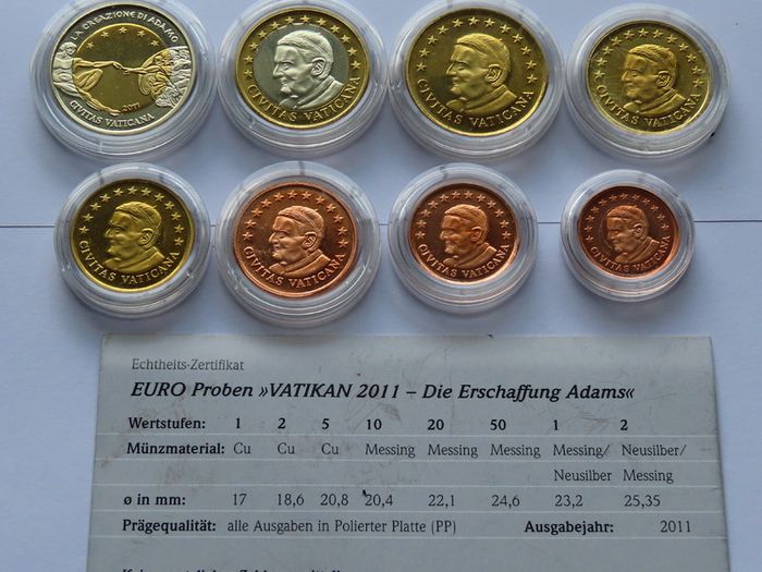 Vatican 2011 euro Euro Probe Essai pattern coins set with Creation of Adam 2 euro Bi-Metal Specimen
