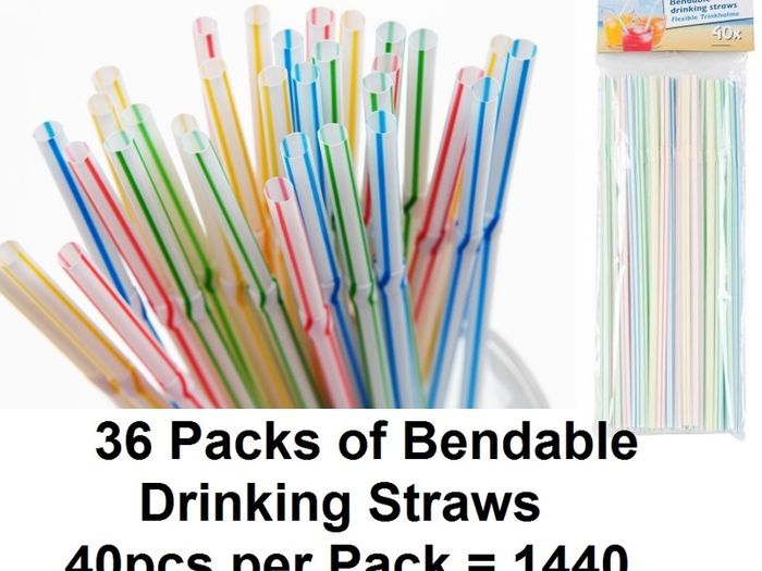 Box of Coloured Party Bendable 40 Pack Drinking Straws x 1440 = 36 Packs