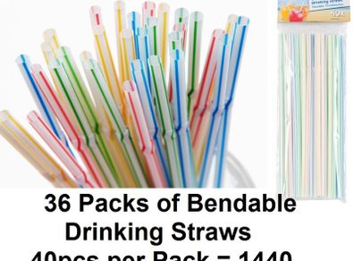Box of Coloured Party Bendable 40 Pack Drinking Straws x 1440 = 36 Packs