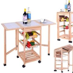 Folding Kitchen Trolley with Wooden and Ceramic Table Top with with 2 Metal Baskets for storage and 1 Drawer