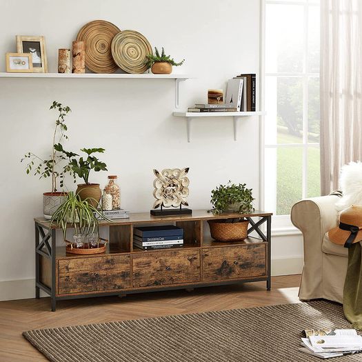 Lowboard TV Cabinet for TVs up to 65 Inches, 3 Drawers, 147 x 40 x 50 cm, Industrial Design, Steel Frame, Vintage Brown/Black