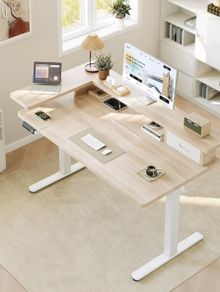 Standing Desk with Drawers, 120cm Height Adjustable Desk, Electric Standing Desk with Monitor Stand, Sit Stand Desk with USB Port, Ergonomic Computer Table for Home Office, Beige