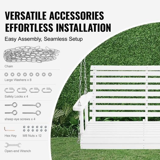 Wooden Porch Swing 4 ft, Patio bench swing for Courtyard & Garden, Upgraded 880 lbs Strong Load Capacity, Heavy Duty Swing Chair Bench with Hanging Chains for Outdoors, White