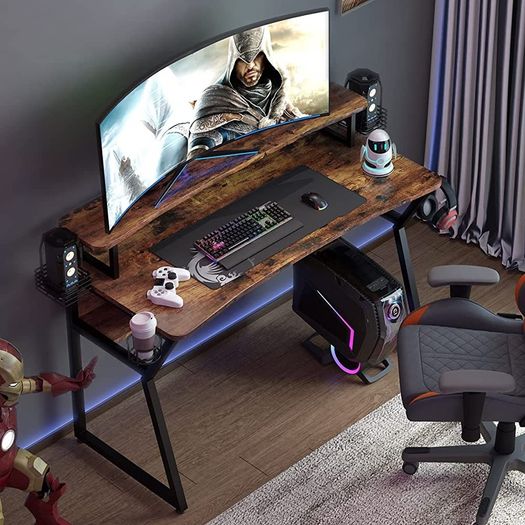 Gaming Desk, Computer Desk with Large Monitor Stand and Open Shelf, PC Laptop Gamer Table Workstation with Cup Holder, Headphone Hook, 2 Speaker Stand for Home Office MULTIPLE COLOURS AVAILABLE (FREE POSTAGE)