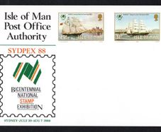 1988 Isle of Man Postcard celebrating Sydpex 88 (Sydney July 30-August 7) with pre-printed stamp from the Sailings Ships Commemorative stamps set mint