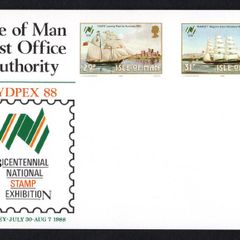 1988 Isle of Man Postcard celebrating Sydpex 88 (Sydney July 30-August 7) with pre-printed stamp from the Sailings Ships Commemorative stamps set mint