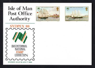 1988 Isle of Man Postcard celebrating Sydpex 88 (Sydney July 30-August 7) with pre-printed stamp from the Sailings Ships Commemorative stamps set mint