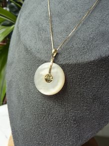 14ct Gold Mother of Pearl Pendant and 9ct Gold Chain Necklace. Chinese Character Design.