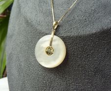 14ct Gold Mother of Pearl Pendant and 9ct Gold Chain Necklace. Chinese Character Design.