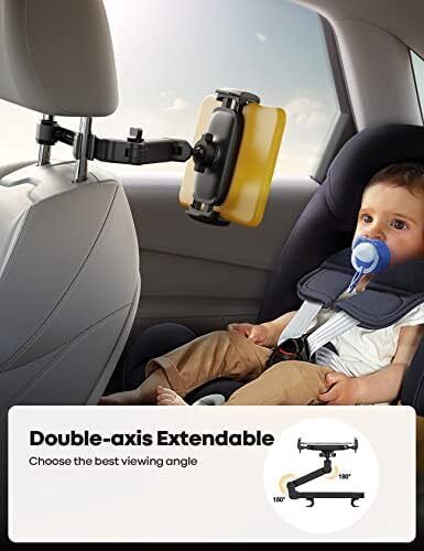 Car Headrest Tablet Mount Aluminium Arm 2025 Adjustable Car Tablet Holder, 360 rotaotating Backseat Mount for Kids, for 2024 iPad Pro 13, Air 6, Mini, Tab, Phones, 4.7-13 inch Device - Black