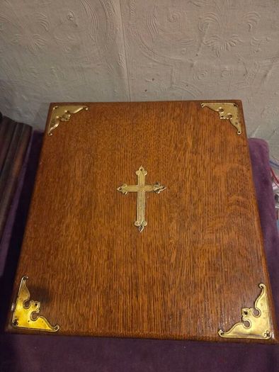 Antique Oak Church Box with Brass Cross