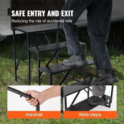 RV Steps, 4-Step RV Stairs, 440 LBS/199.6 kg Load Capacity, Thickened Carbon Steel, With Handrail, Non-Slip Steps for Safe Entry and Exit