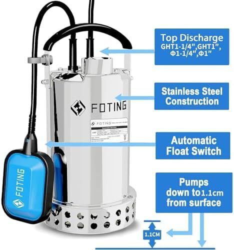 900W Stainless Steel Submersible Water Pump with Float Switch, 13000 L/H Electric Sump Pump for Dirty/Clean Water