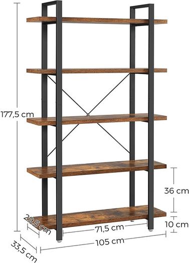 _bookshelf, stable standing shelf with 5 shelf levels, living room shelf in industrial design, easy assembly, living room, bedroom, office, vintage brown-black