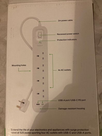 4 Plug surge protector Plugboard - Brand new, still in box.