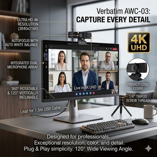 Verbatim AWC-03 4K Ultra HD Webcam Dual Microphone Professional 4K Autofocus Webcam