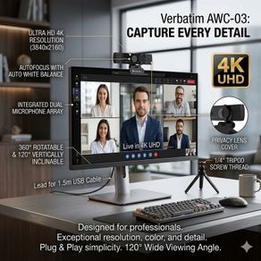 Verbatim AWC-03 4K Ultra HD Webcam Dual Microphone Professional 4K Autofocus Webcam