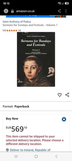 Rare Find St Anthony of Pauda. Sermons for Sundays and Festivals. Vol I. Religious. Short print run.