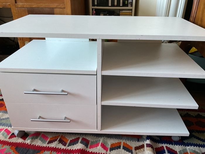 Modern White TV Stand/Media Unit with Drawers & Shelves (on wheels)