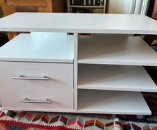 Modern White TV Stand/Media Unit with Drawers & Shelves (on wheels)