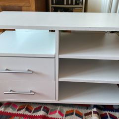 Modern White TV Stand/Media Unit with Drawers & Shelves (on wheels)