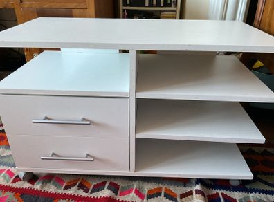 Modern White TV Stand/Media Unit with Drawers & Shelves (on wheels)