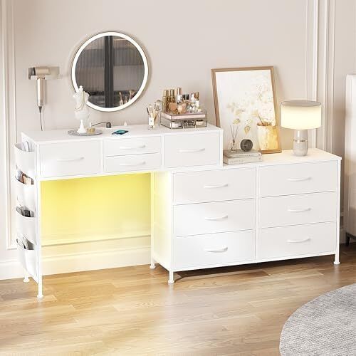 170cm Chest of Drawers with Charging Station and LED Light, Rotatable Dressing Table with 10 Fabric Drawers and Side Pockets, Modern Makeup Vanity Desk Home Office Desks, White