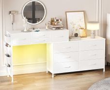 170cm Chest of Drawers with Charging Station and LED Light, Rotatable Dressing Table with 10 Fabric Drawers and Side Pockets, Modern Makeup Vanity Desk Home Office Desks, White