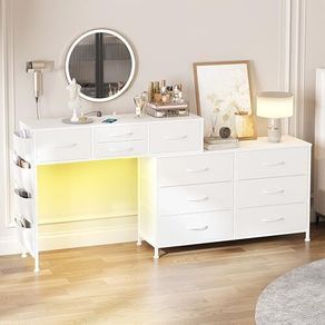 170cm Chest of Drawers with Charging Station and LED Light, Rotatable Dressing Table with 10 Fabric Drawers and Side Pockets, Modern Makeup Vanity Desk Home Office Desks, White