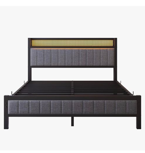 King Size Bed Frame with Upholstered Headboard, Wooden Storage Headboard Shelf, 5ft Upholstered Bed Frame Kingsize with Charging Station/USB Ports and LED Lights (Gray King Bed)