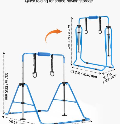 Kids Gymnastics Bar with Rings Adjustable Height Foldable Training Bar Ages 3 to 8