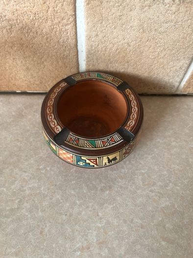 Vintage Handpainted Terracotta Ashtray & Round Carved Wooden Handpainted Trinket Box